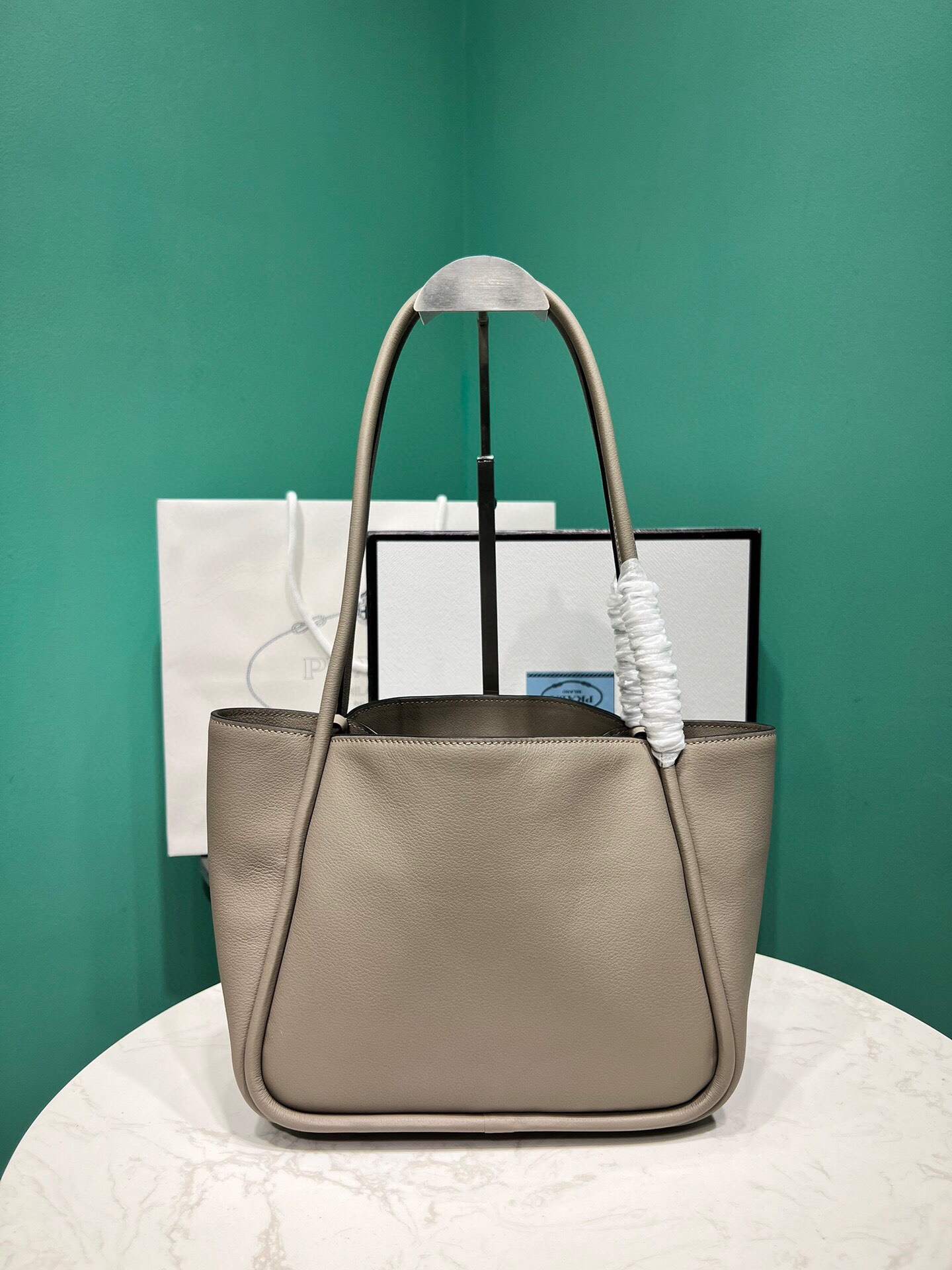 Prada Mini Leather Tote Bag Clay Grey 1BG539